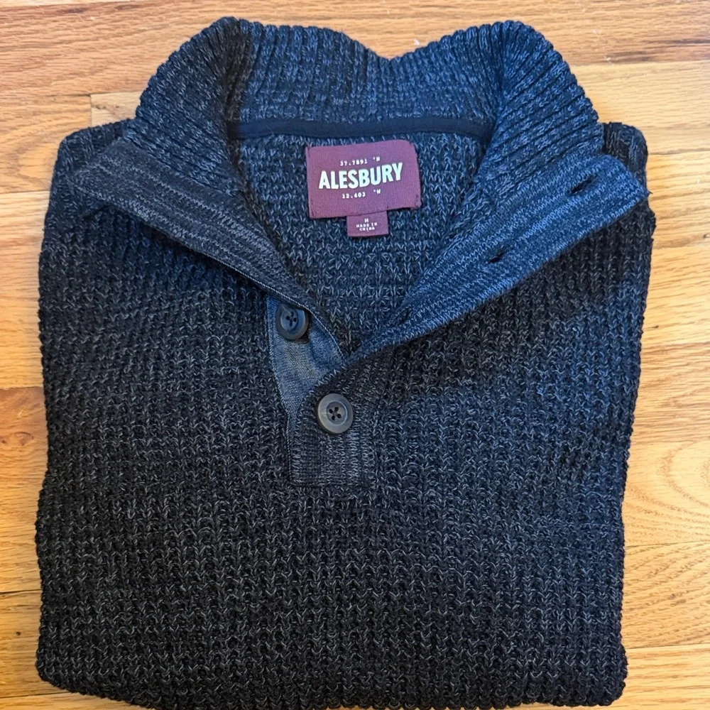 Men's Dark Charcoal Button-Neck Knit Sweater